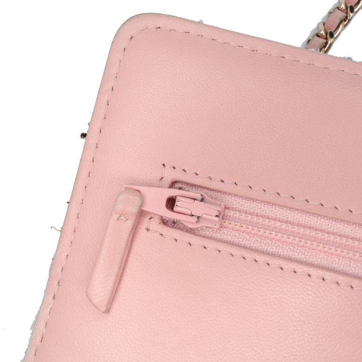 Quilted Boucle Tweed Charm Wallet On Chain Pink - Gaby Paris