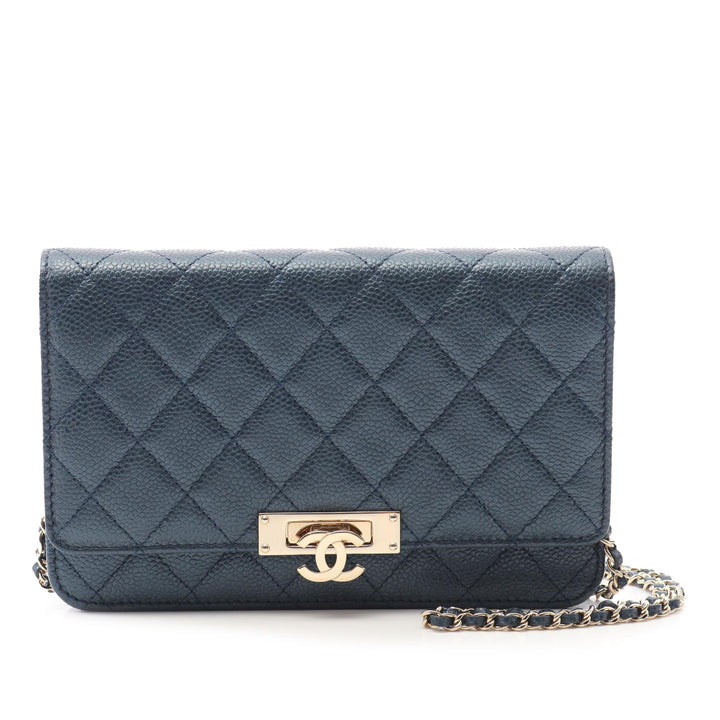 Quilted Caviar Golden Class Wallet On Chain Blue - Gaby Paris