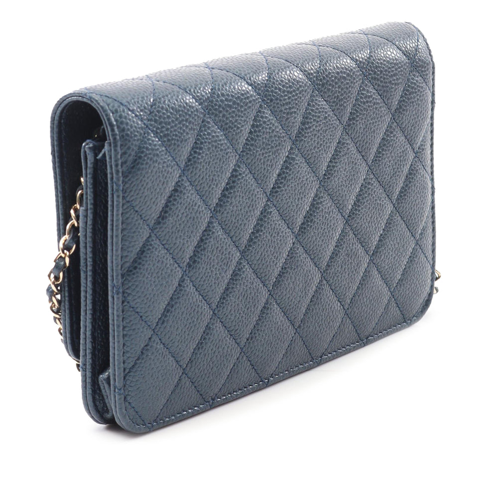 Quilted Caviar Golden Class Wallet On Chain Blue - Gaby Paris