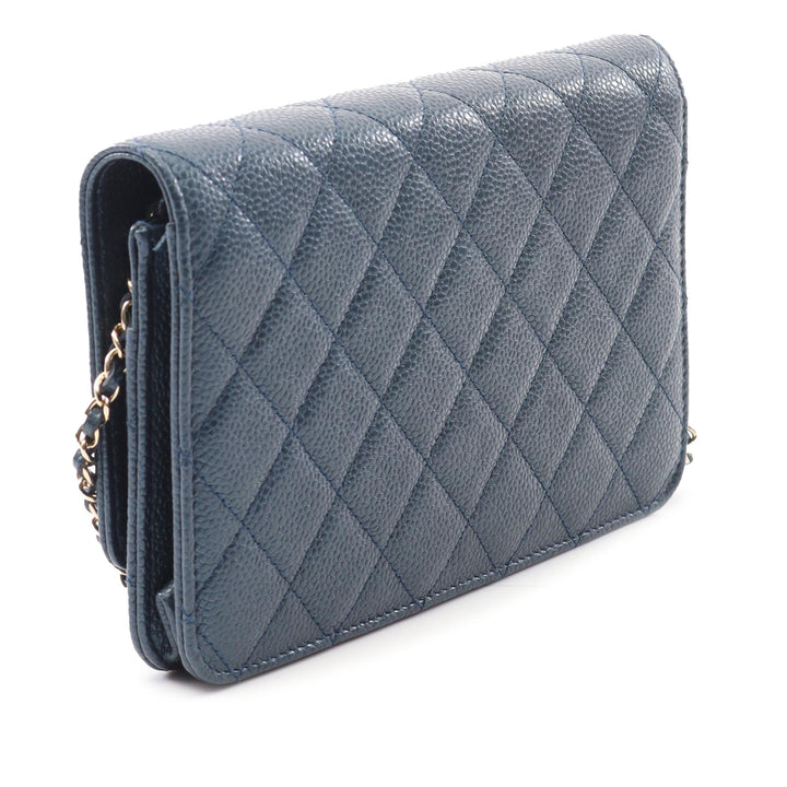 Quilted Caviar Golden Class Wallet On Chain Blue - Gaby Paris