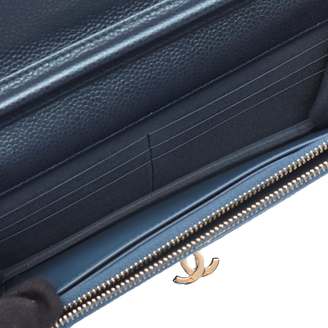 Quilted Caviar Golden Class Wallet On Chain Blue - Gaby Paris