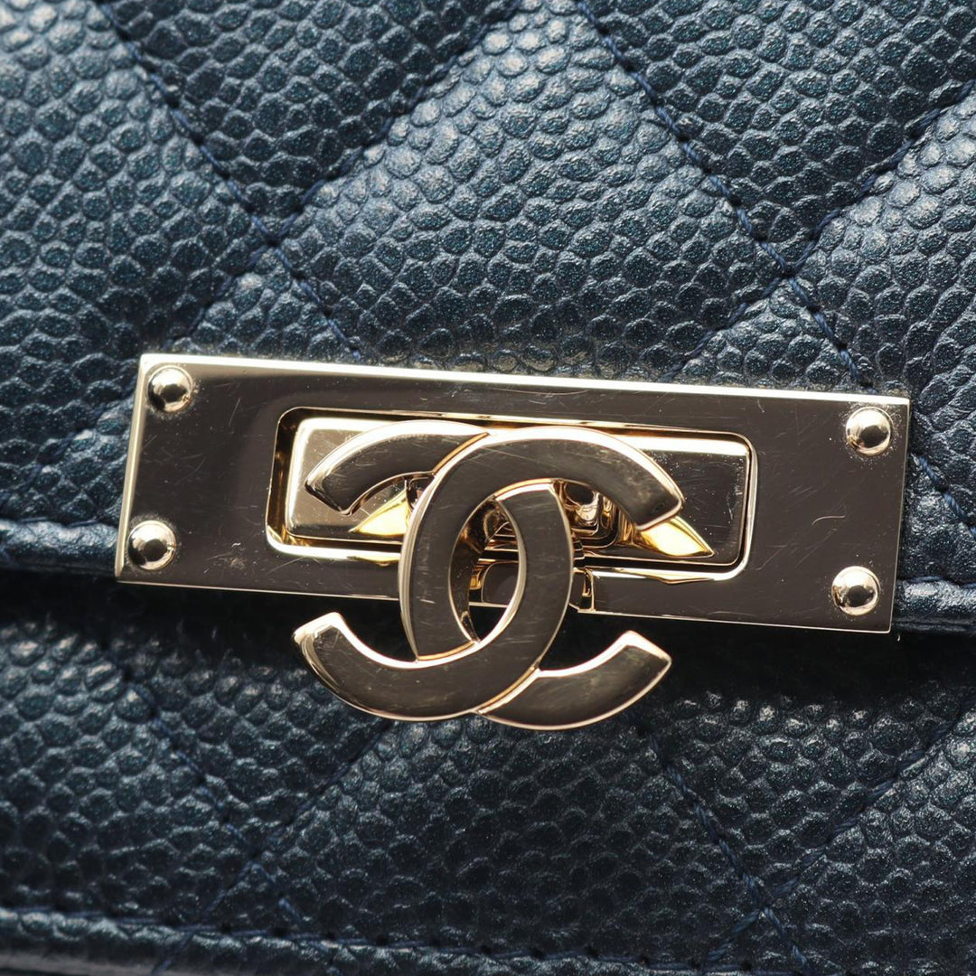 Quilted Caviar Golden Class Wallet On Chain Blue - Gaby Paris