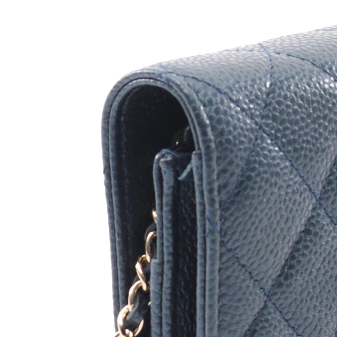Quilted Caviar Golden Class Wallet On Chain Blue - Gaby Paris