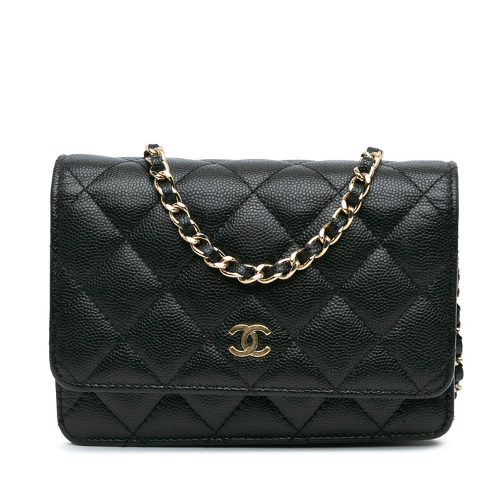 Mini Quilted Caviar Wallet On Chain Black - Gaby Paris