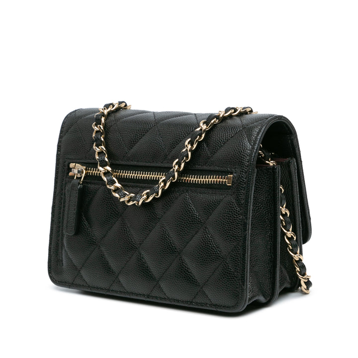 Mini Quilted Caviar Wallet On Chain Black - Gaby Paris