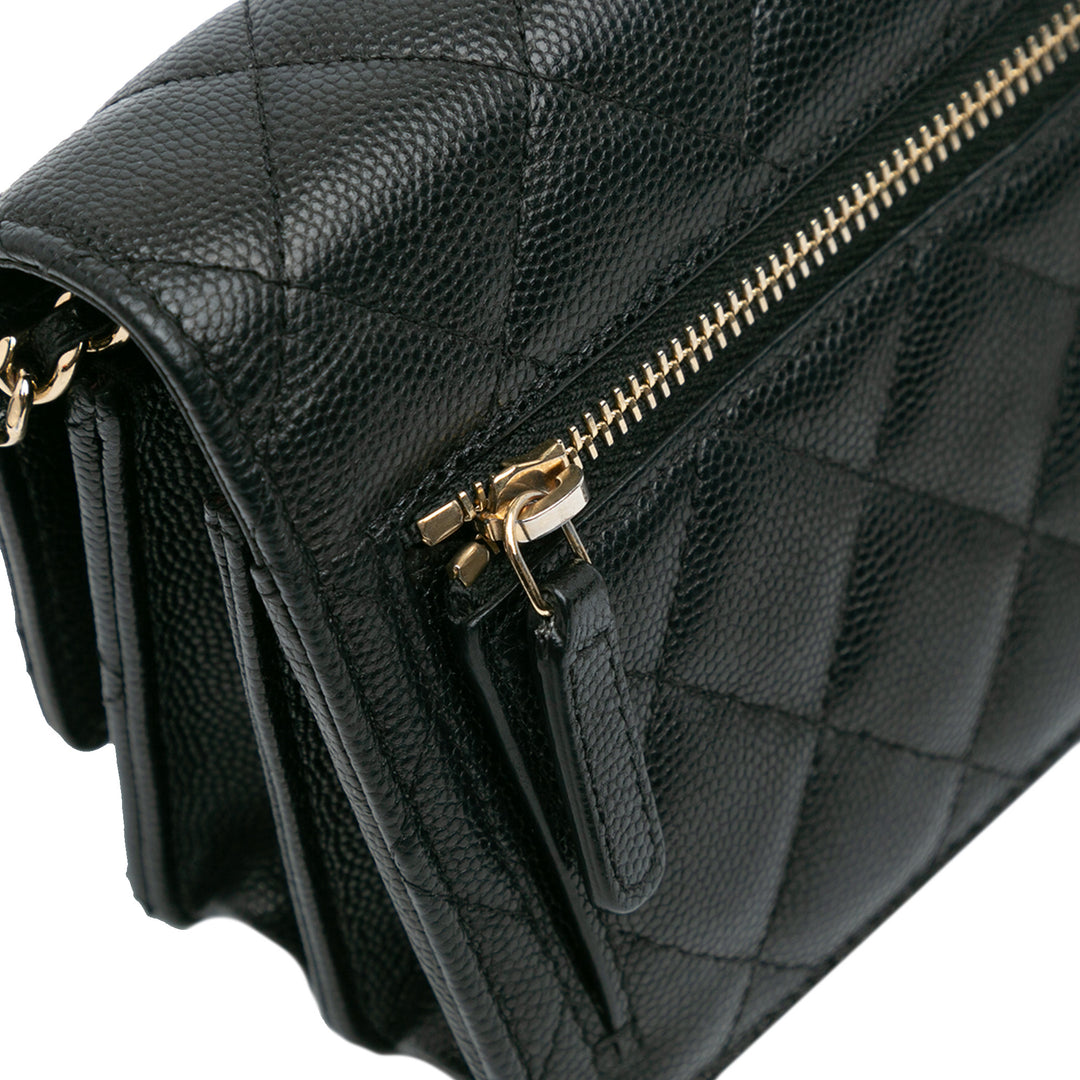 Mini Quilted Caviar Wallet On Chain Black - Gaby Paris