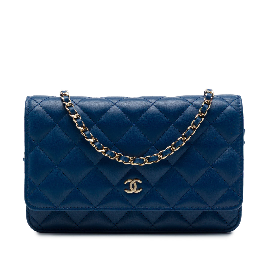 CC Matelassé Wallet on Chain Cuir d'agneau Bleu