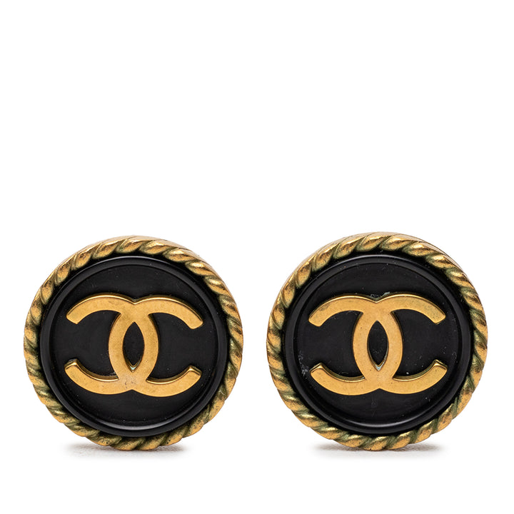Chanel CC plaqué et Émail Rond Button Clip On Boucles d’oreilles