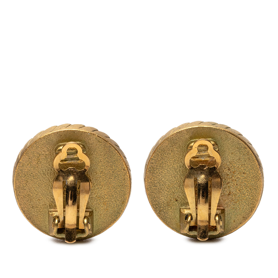 Chanel CC plaqué et Émail Rond Button Clip On Boucles d’oreilles