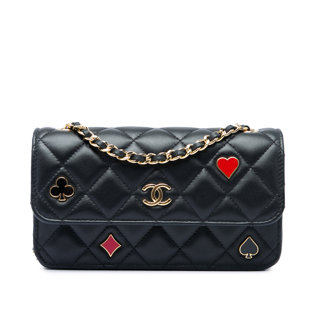 Matelassé Coco Casino Étui téléphone avec chaîne Cuir d'agneau Noir