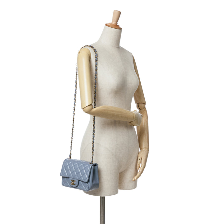 Mini Square Classic Lambskin Single Flap Blue - Gaby Paris