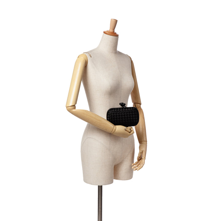 Satin Intrecciato Knot Clutch Black - Gaby Paris