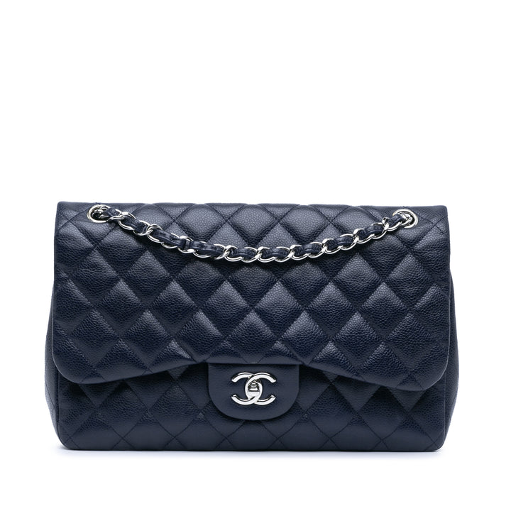 Jumbo Classic Caviar Double Flap Blue - Gaby Paris