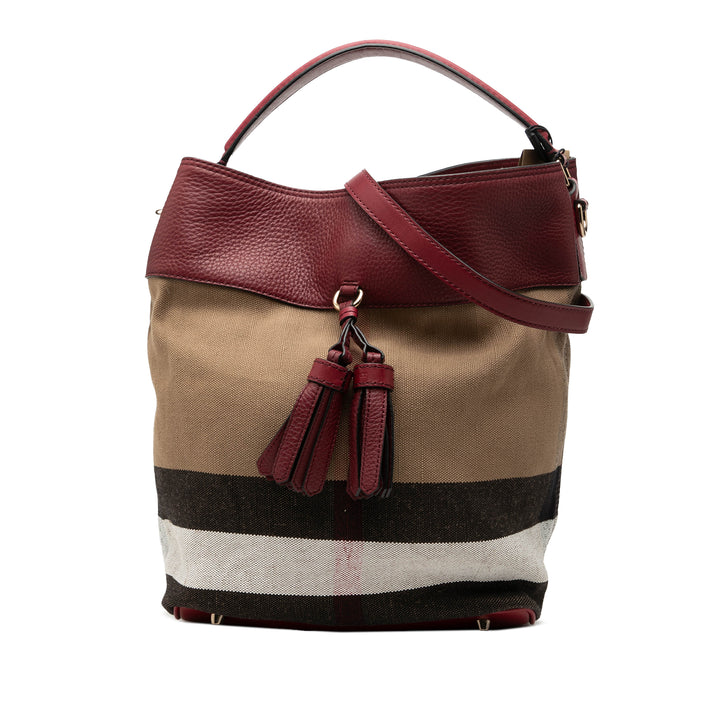 Burberry Medium Mega Check Toile et Cuir de veau grainé Ashby Pompon Bucket Sac