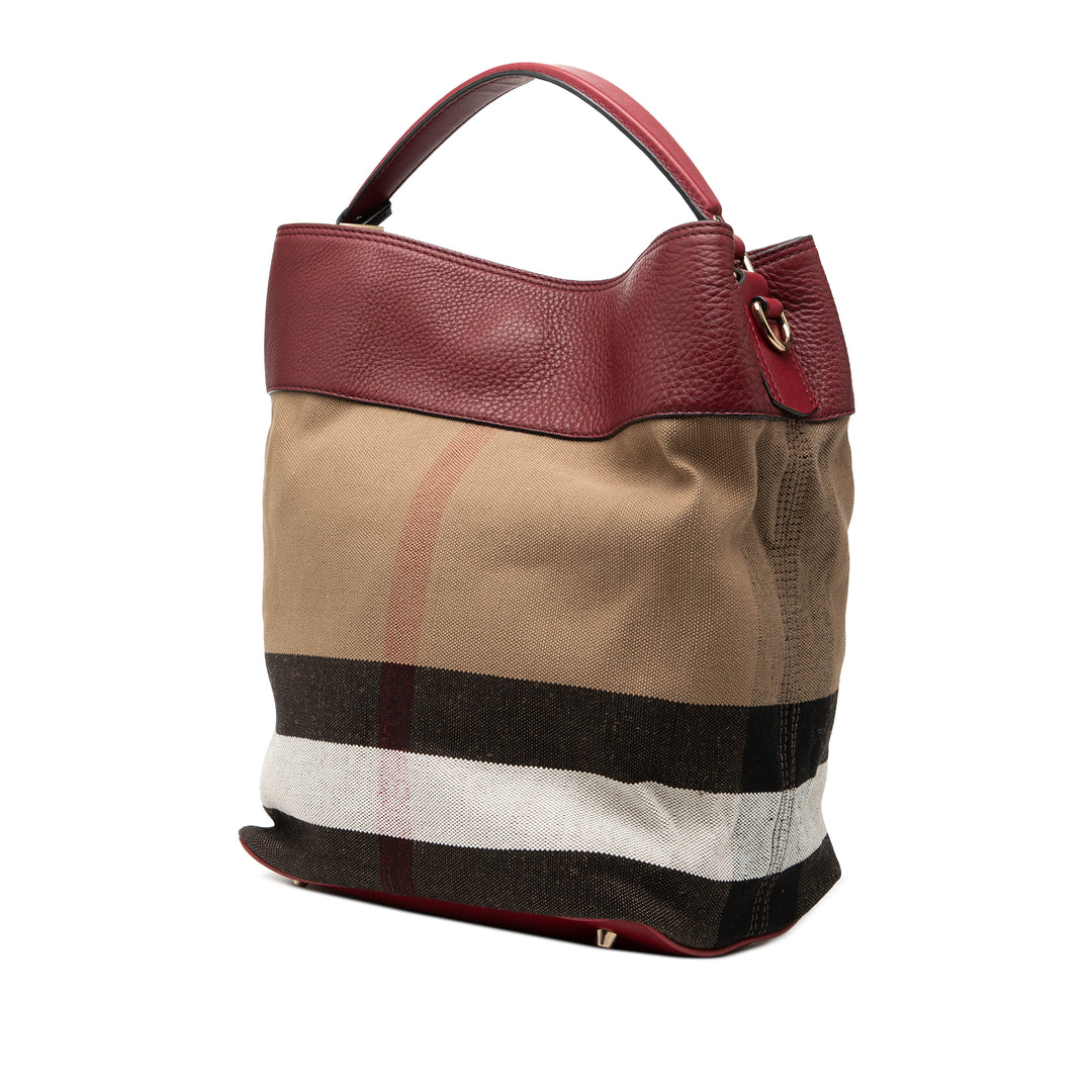 Burberry Medium Mega Check Toile et Cuir de veau grainé Ashby Pompon Bucket Sac