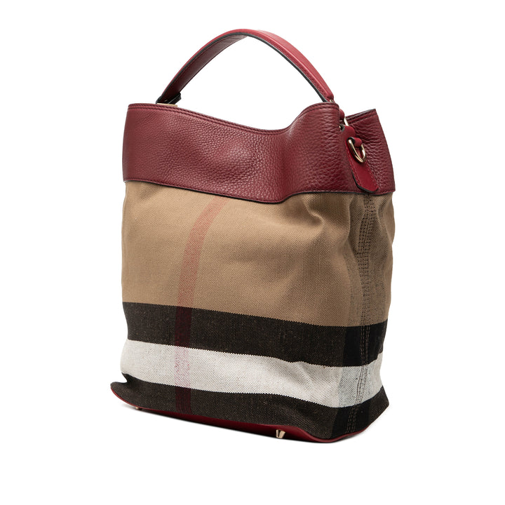 Burberry Medium Mega Check Toile et Cuir de veau grainé Ashby Pompon Bucket Sac