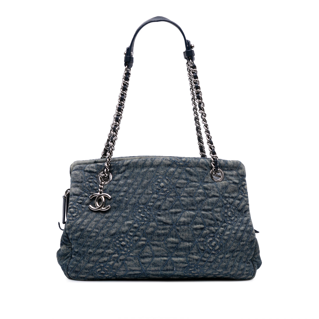 Denim Camellia Embroidered Shopping Tote Blue - Gaby Paris