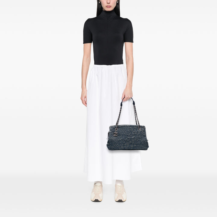 Denim Camellia Embroidered Shopping Tote Blue - Gaby Paris