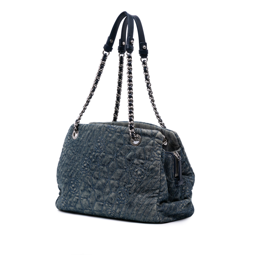 Denim Camellia Embroidered Shopping Tote Blue - Gaby Paris