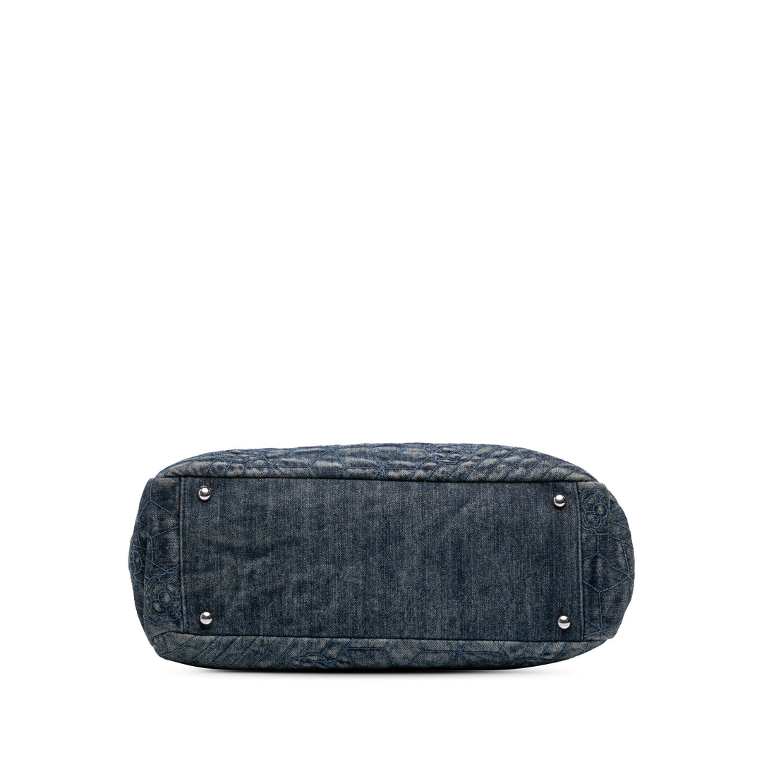 Denim Camellia Embroidered Shopping Tote Blue - Gaby Paris