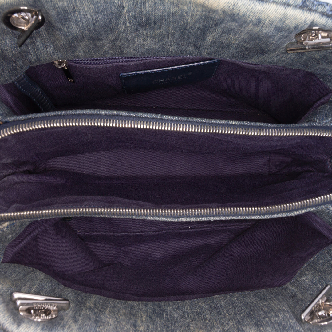 Denim Camellia Embroidered Shopping Tote Blue - Gaby Paris