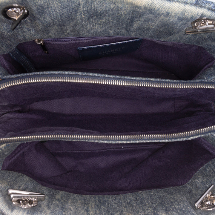 Denim Camellia Embroidered Shopping Tote Blue - Gaby Paris
