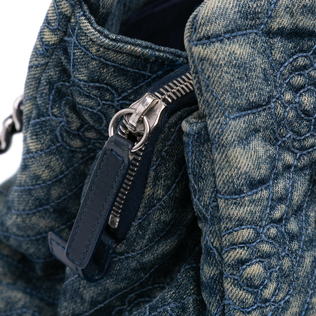 Denim Camellia Embroidered Shopping Tote Blue - Gaby Paris