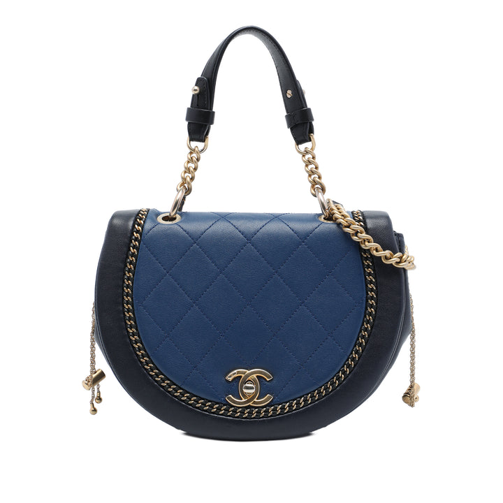 Matelassé Chaîne Detail Saddle Sac Petit Cuir d'agneau Bleu