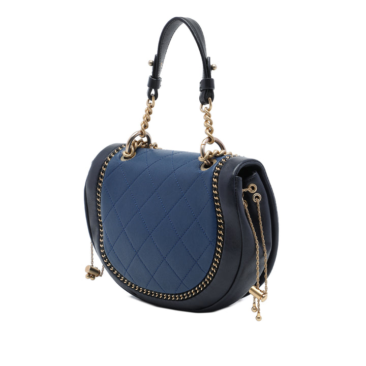 Matelassé Chaîne Detail Saddle Sac Petit Cuir d'agneau Bleu