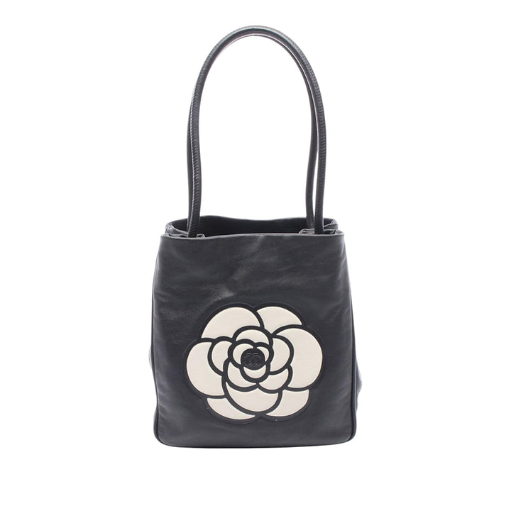 embossé Camellia Logo Cabas Cuir d'agneau Noir