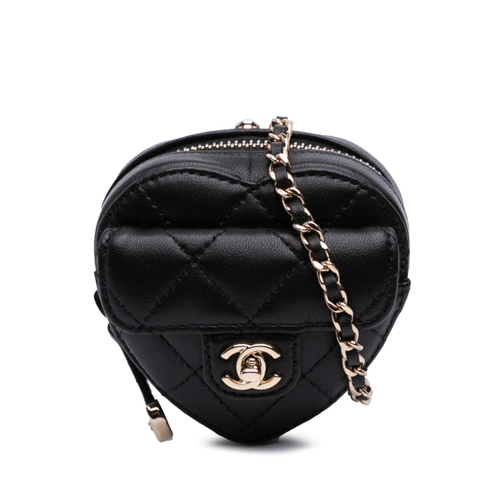Lambskin CC in Love Heart Necklace Bag Black - Gaby Paris