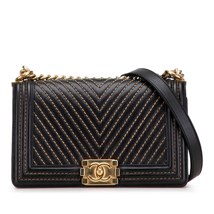 Chanel Old Medium Chevron Cuir d’agneau Stitched Boy Flap Noir