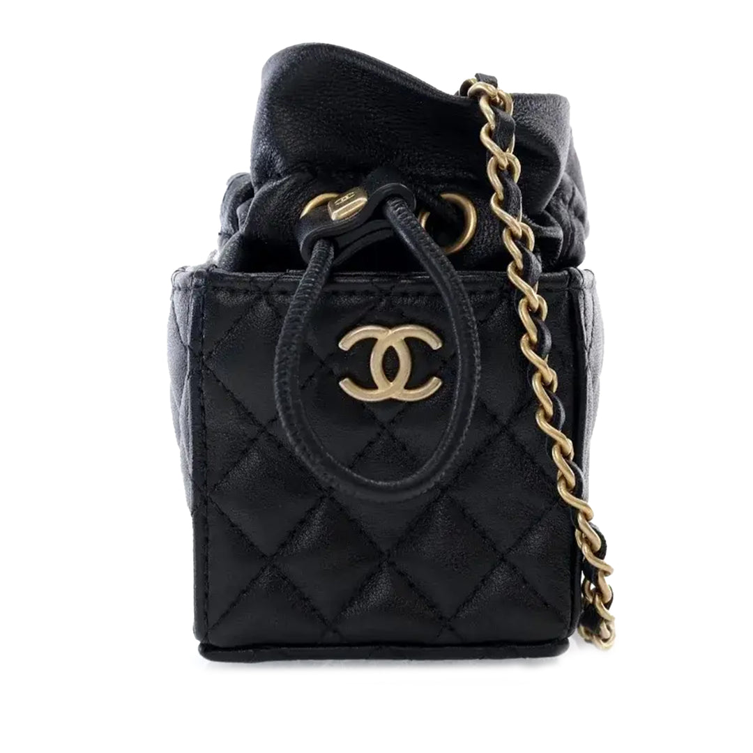 Mini Quilted Calfskin Drawstring Bucket Bag Black - Gaby Paris
