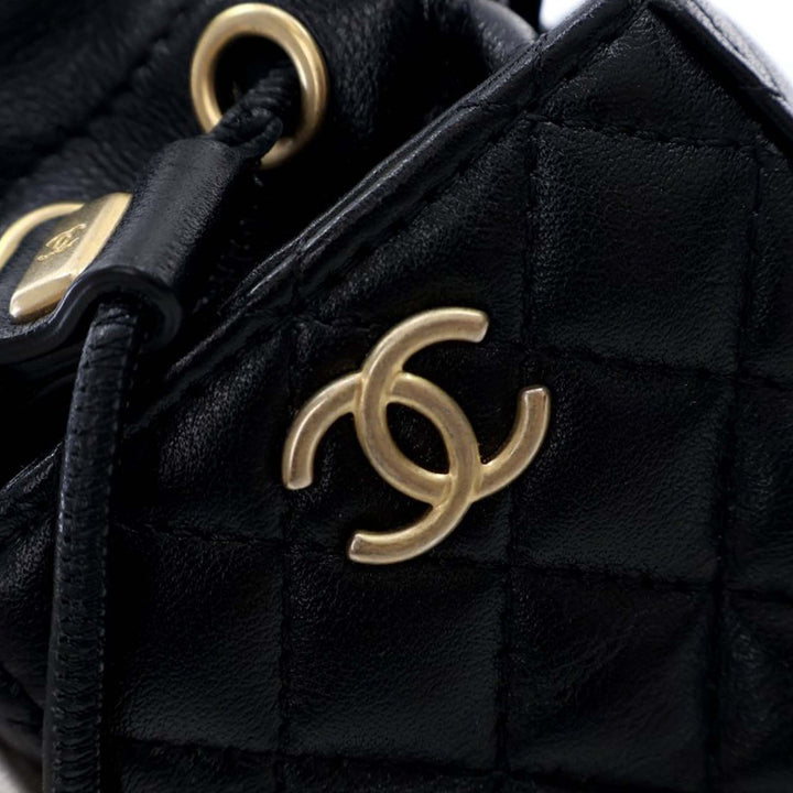 Mini Quilted Calfskin Drawstring Bucket Bag Black - Gaby Paris