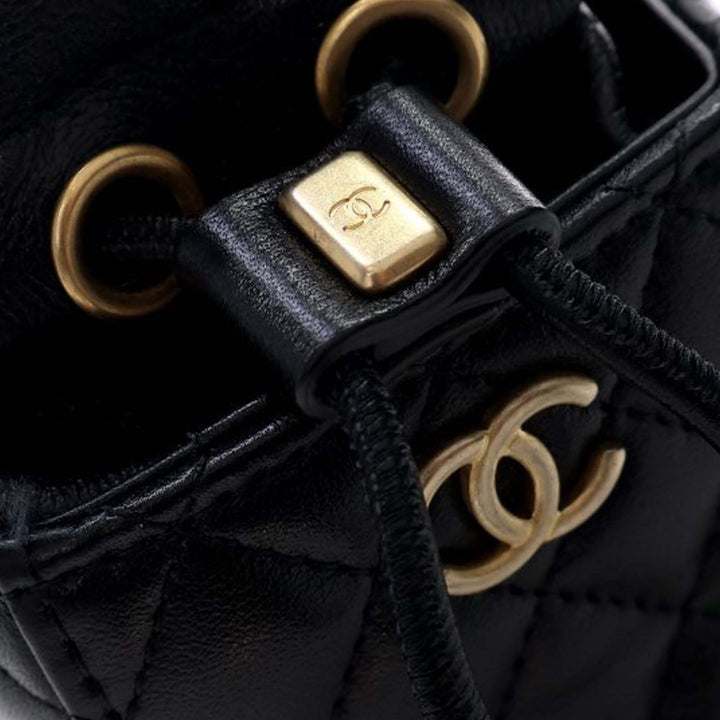 Mini Quilted Calfskin Drawstring Bucket Bag Black - Gaby Paris