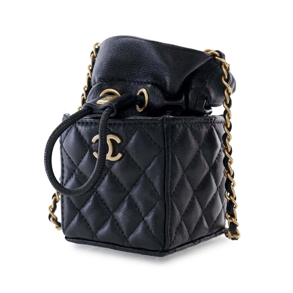 Mini Quilted Calfskin Drawstring Bucket Bag Black - Gaby Paris