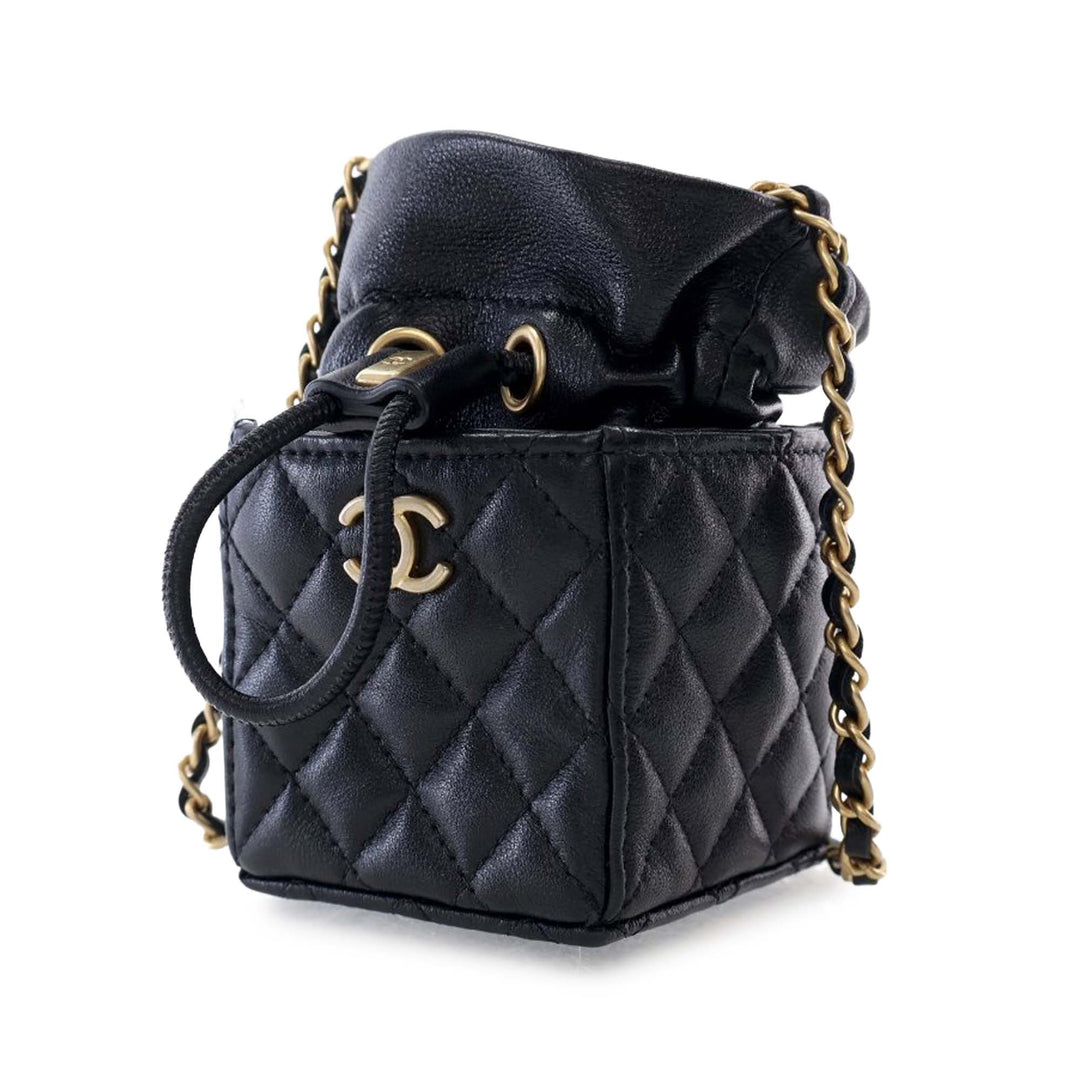 Mini Quilted Calfskin Drawstring Bucket Bag Black - Gaby Paris