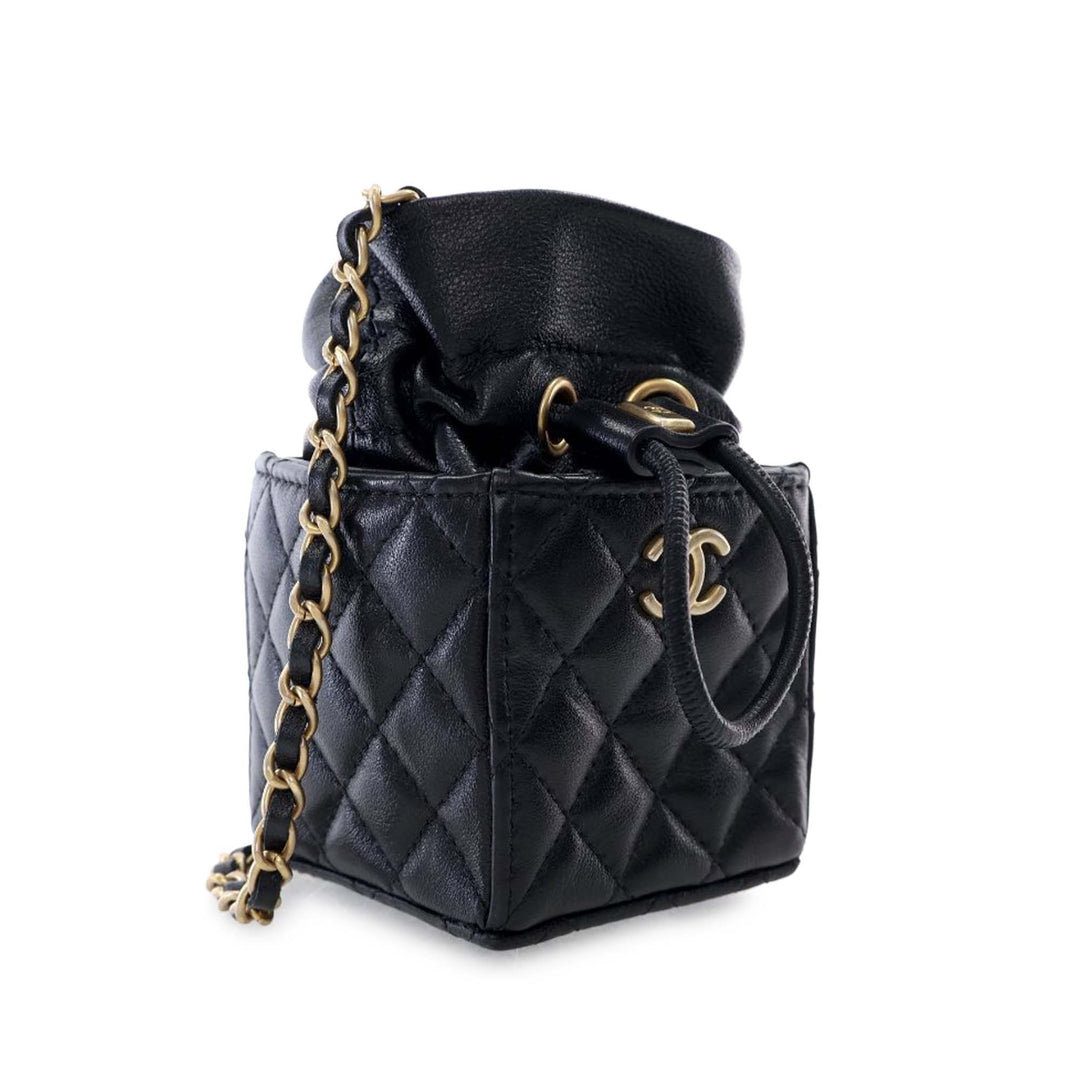 Mini Quilted Calfskin Drawstring Bucket Bag Black - Gaby Paris