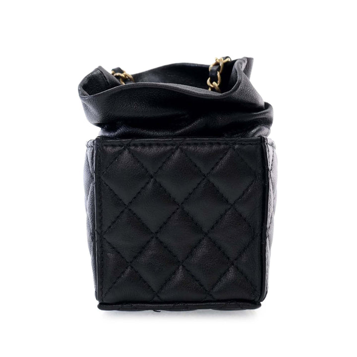 Mini Quilted Calfskin Drawstring Bucket Bag Black - Gaby Paris