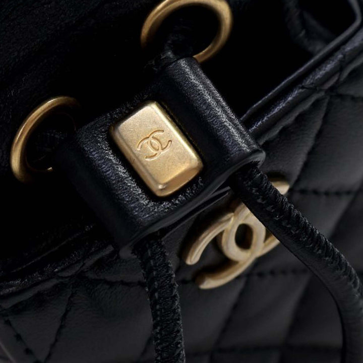 Mini Quilted Calfskin Drawstring Bucket Bag Black - Gaby Paris