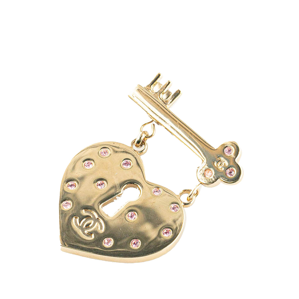 Gold Plated Heart Lock and Key Brooch Pin Gold - Gaby Paris