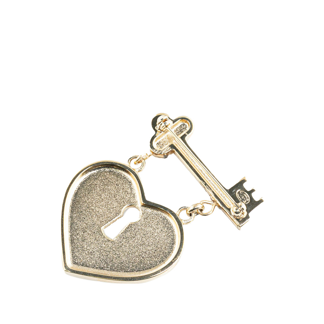 Gold Plated Heart Lock and Key Brooch Pin Gold - Gaby Paris