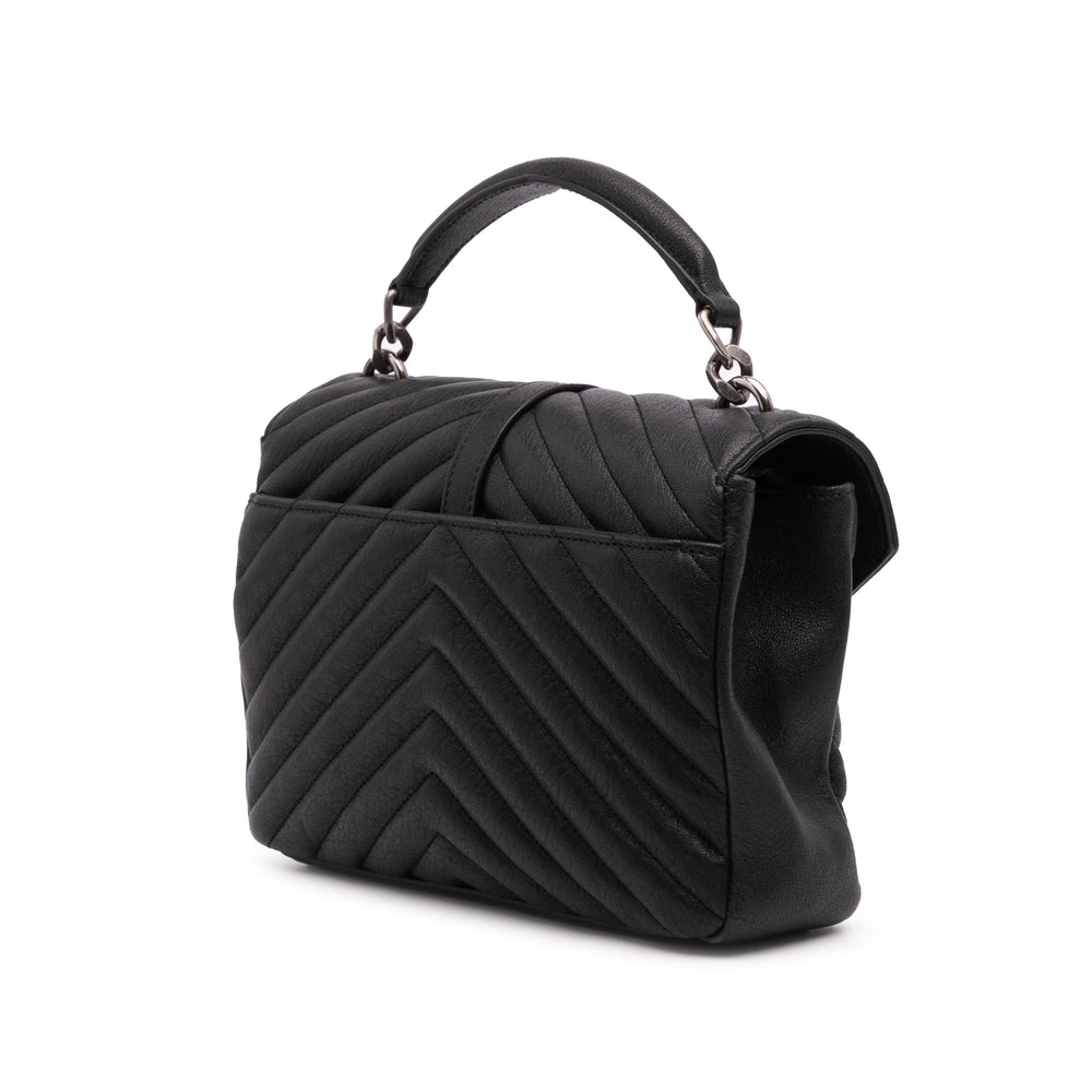 Medium Quilted Chevron Sheepskin College Satchel Black - Gaby Paris