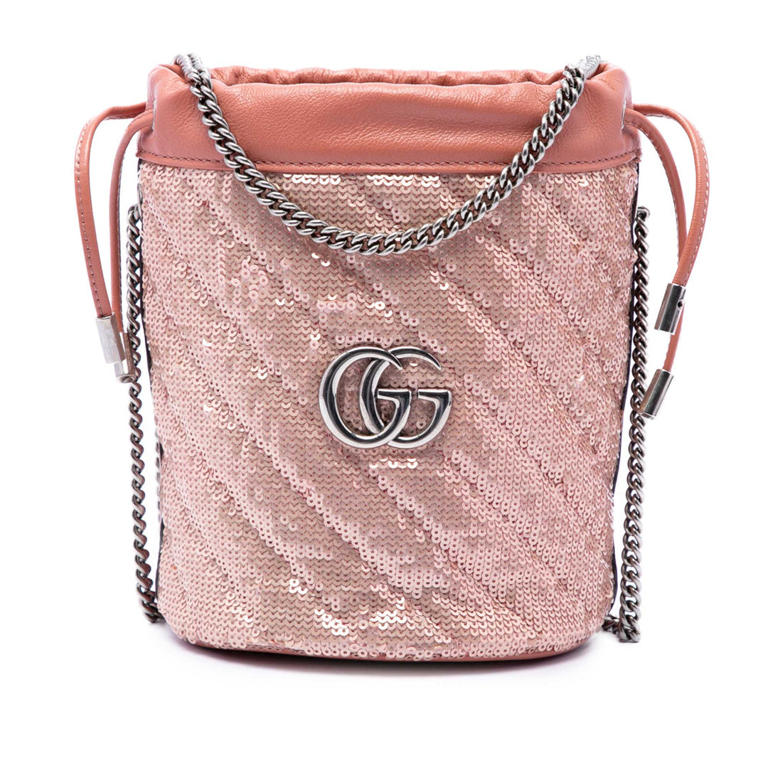 GG Marmont Sequinsed Diagonal Matelasse Sac seau Petit Cuir de veau Rose