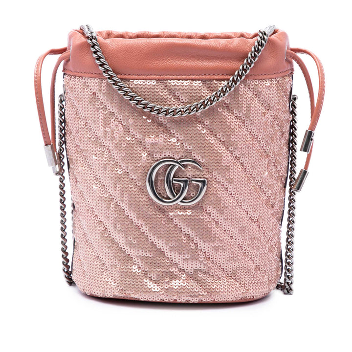 GG Marmont Sequinsed Diagonal Matelasse Sac seau Petit Cuir de veau Rose