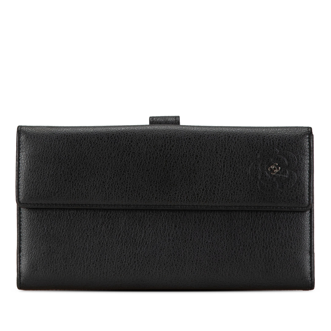 Calfskin Camellia Long Wallet Black - Gaby Paris