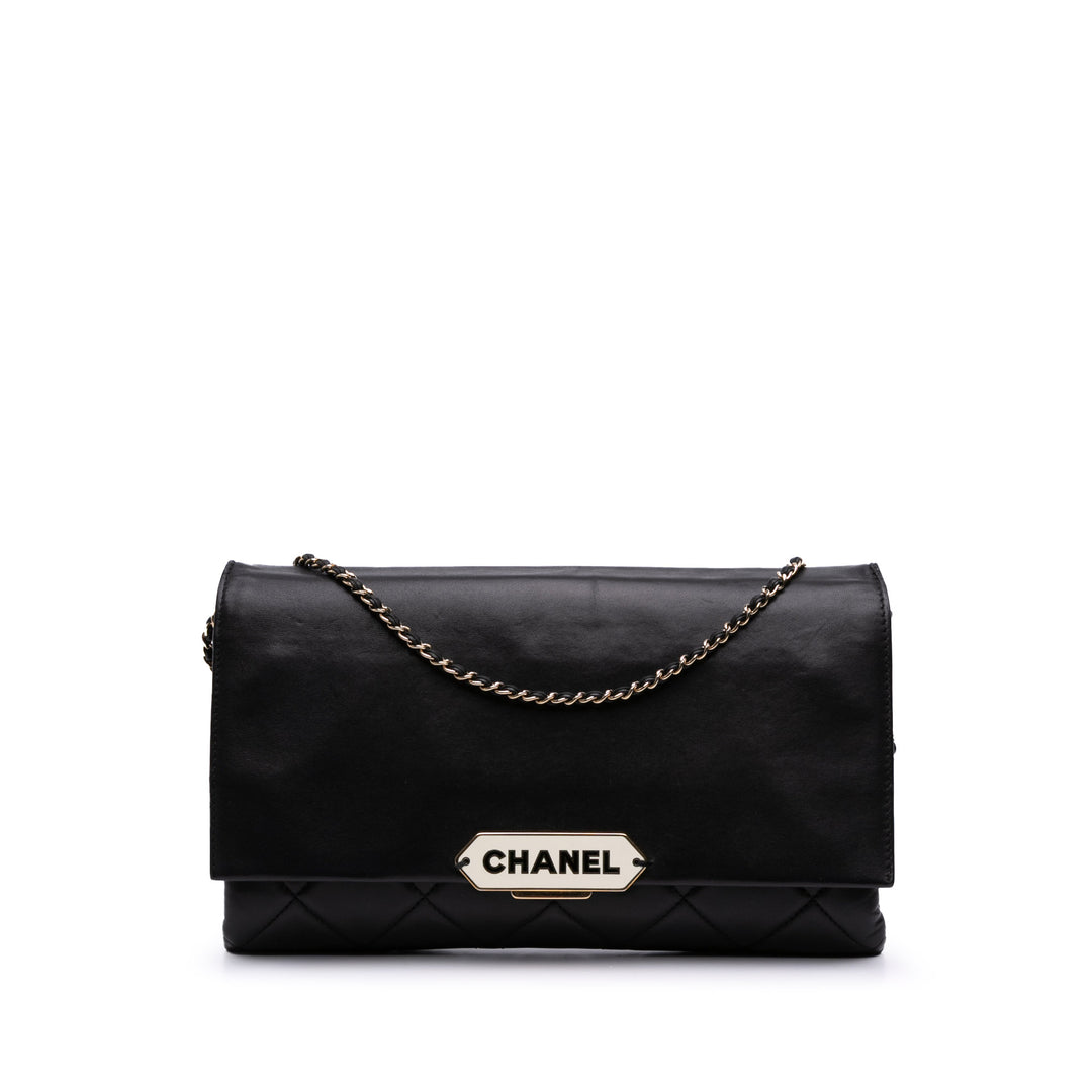 Quilted Lambskin Retro Label Shoulder Bag Black - Gaby Paris
