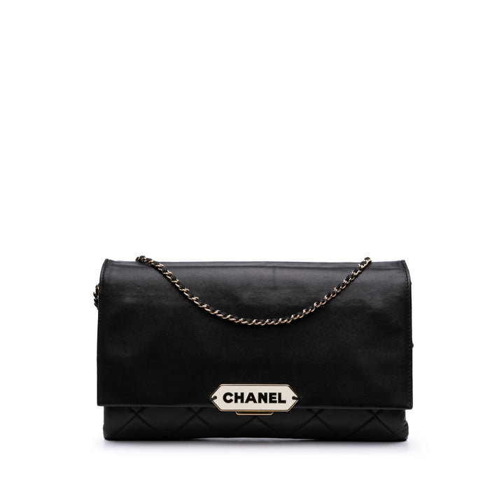 Quilted Lambskin Retro Label Shoulder Bag Black - Gaby Paris