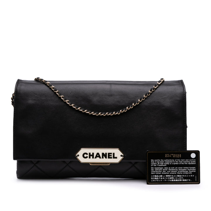 Quilted Lambskin Retro Label Shoulder Bag Black - Gaby Paris