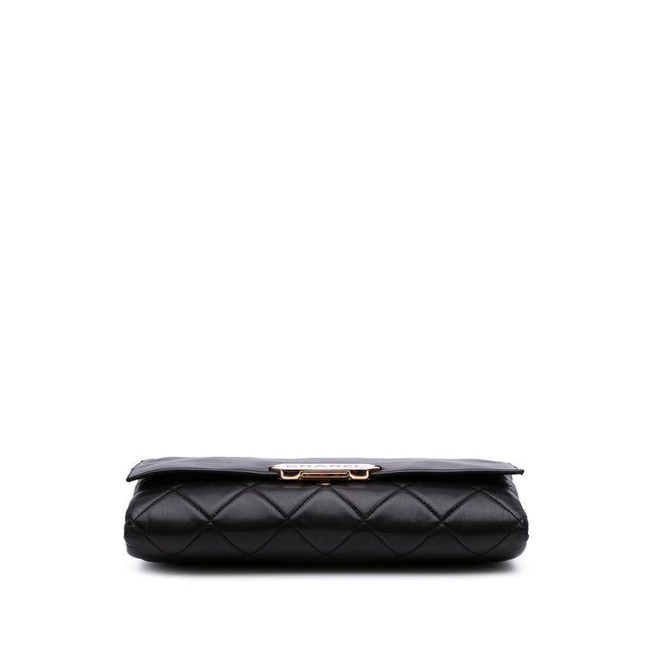 Quilted Lambskin Retro Label Shoulder Bag Black - Gaby Paris
